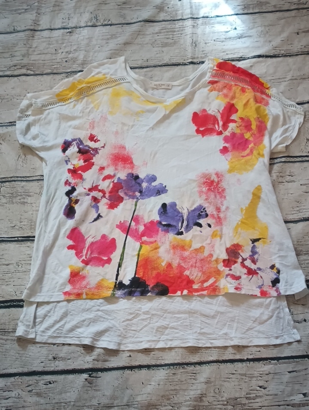 Jess & Jane White Pink Purple Floral Painting Cotton T Shirt Top S Art To Wear